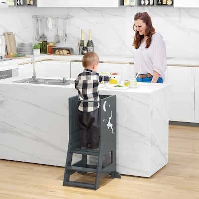 Toddler Kitchen Stool Baby Standing Tower with Chalkboard and Whiteboard - 19.5" x 14.5" x 34.5"