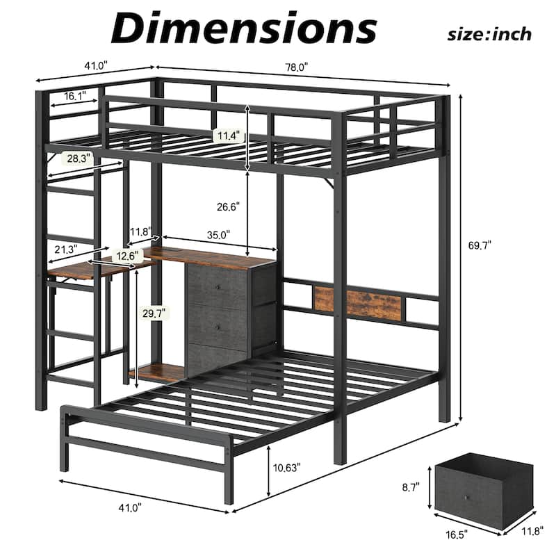 Metal Bunk Bed with Folding Table, 3 Storage Drawers, LED Lights & USB Ports