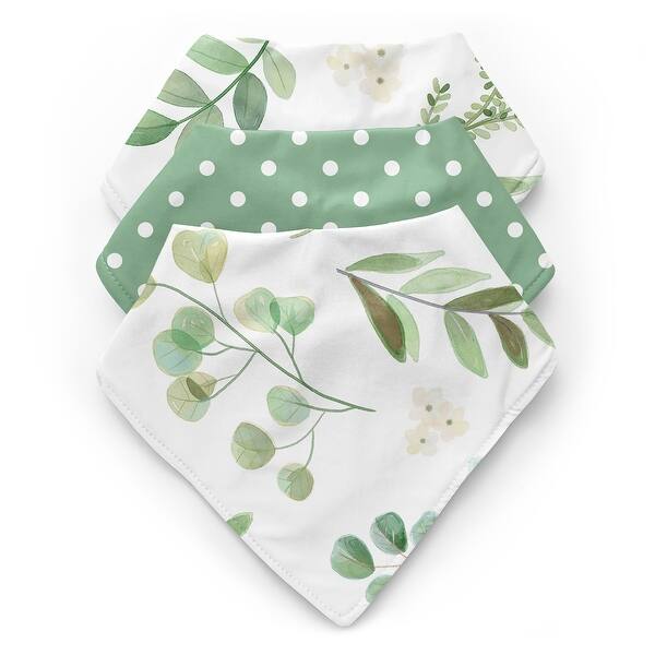 slide 2 of 6, Floral Leaf Fabric Bandana Baby Bibs 3 Pack Green and White Boho Bohemian Gender Neutral Watercolor Botanical Flower Woodland