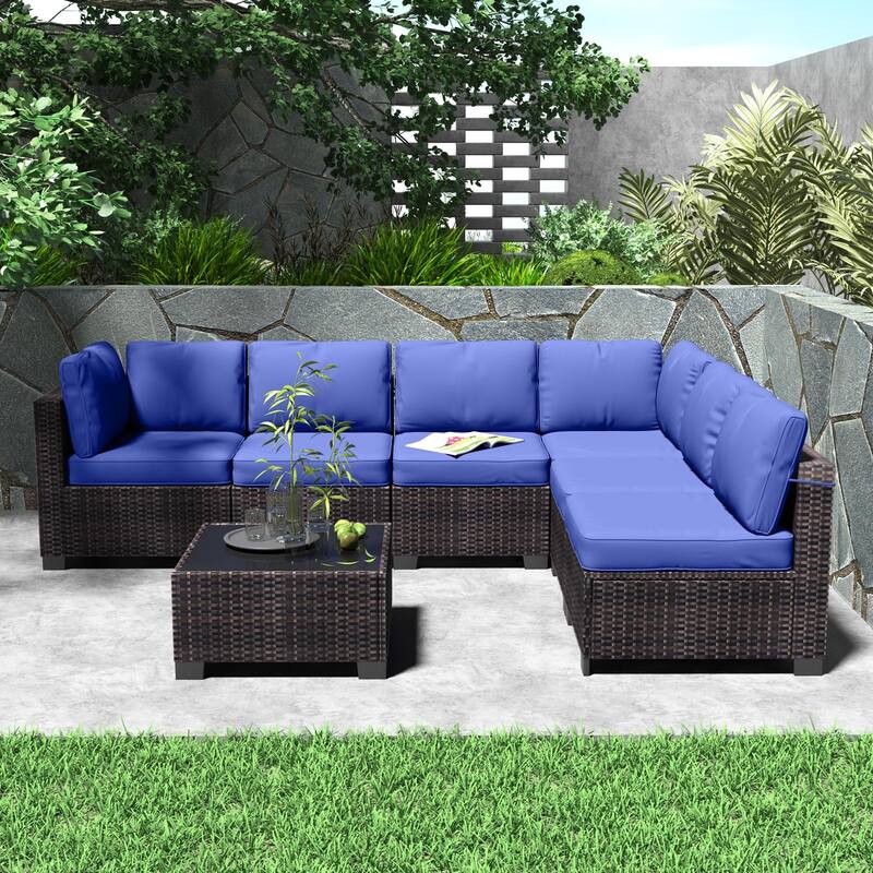 Patio Funiture Set 7 Pieces Outdoor Rattan with Detachable Soft Cushions Patio Conversation Sets
