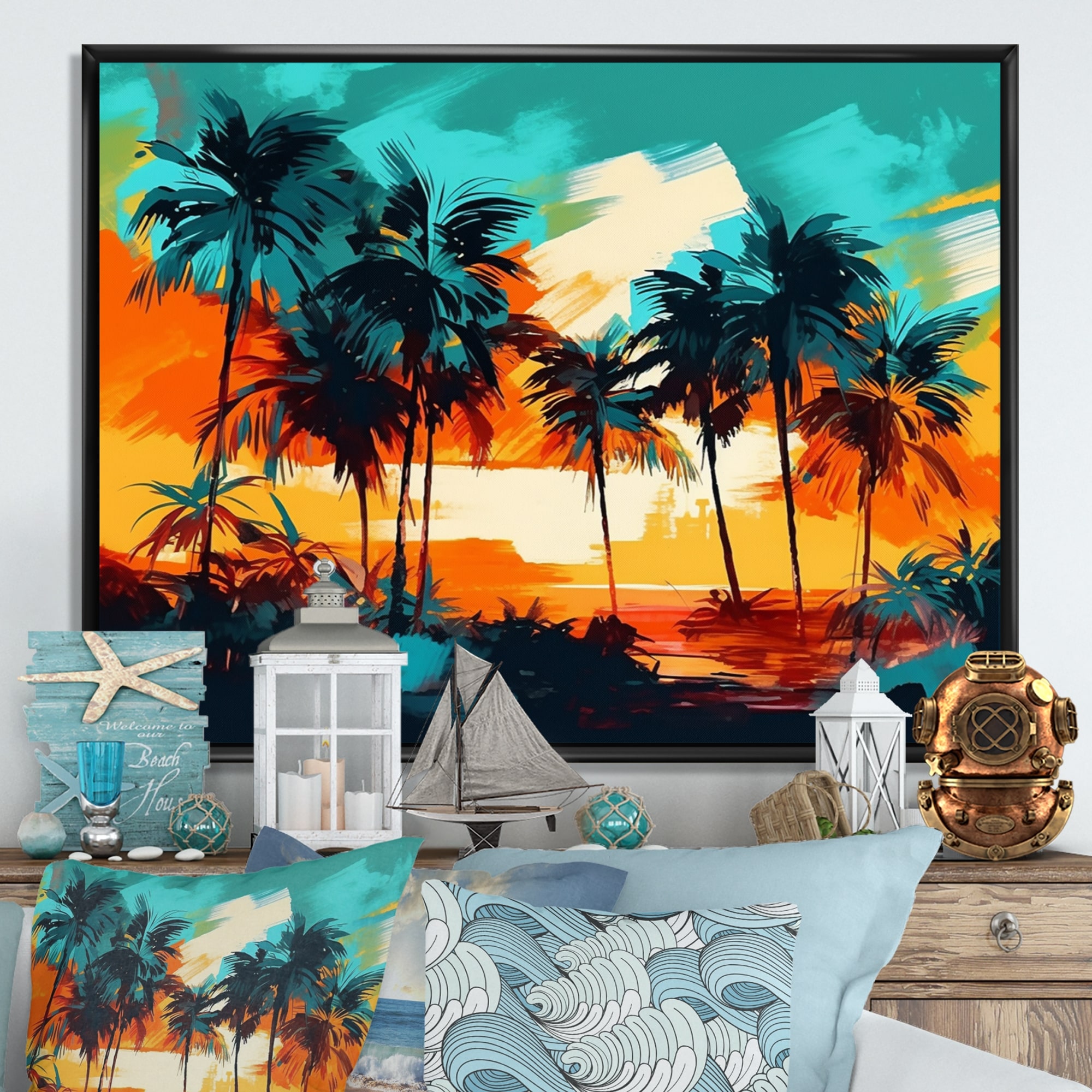 Designart "Vibrant Palm Trees Iv" Modern Landscape Beach Framed Wall Art  For Living Room Bed Bath  Beyond 38009602
