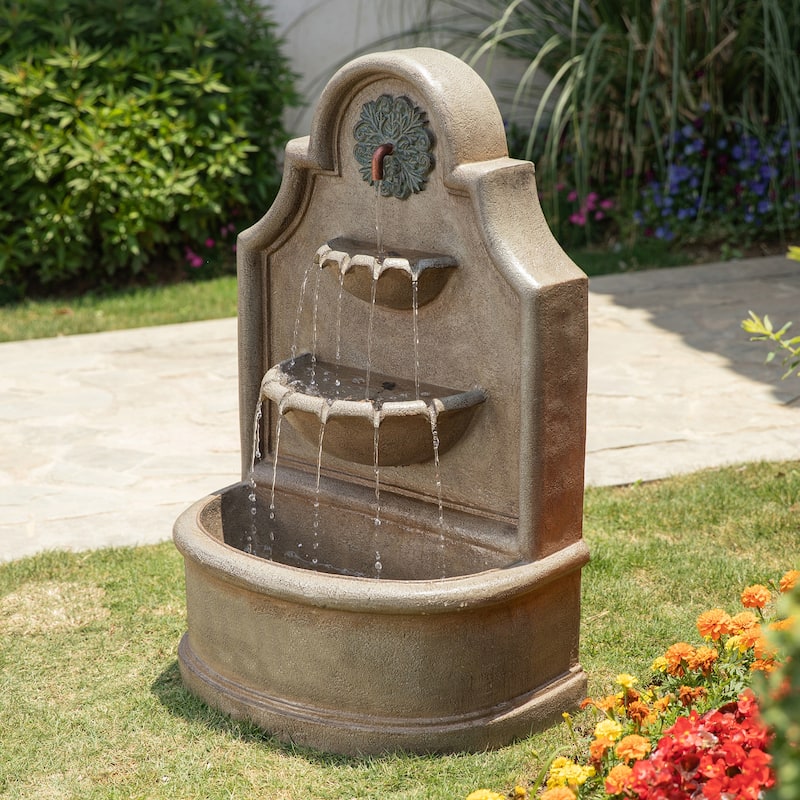 Glitzhome 37.25"H Oversized 3-Tier Single Spout European Style Polyresin Wall Fountain with LED Lights