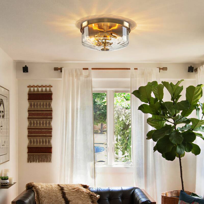 Industrial 2-Light Flush Mount Ceiling Light with Ribbed Glass Shape - 11.8-in W x 5.12-in H