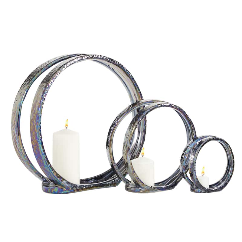 Silver Ceramic Pillar 3 Plate Candle Holder (Set of 3) - 14 x 5 x 13Round