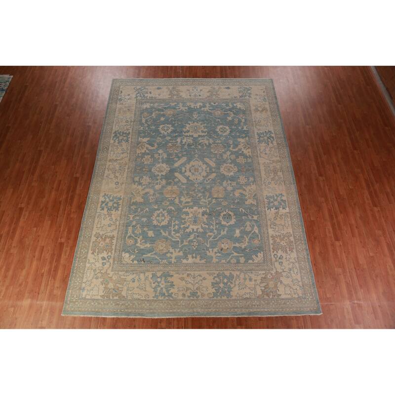 Floral Vegetable Dye Blue Oushak Turkishrug Hand-Knotted Wool Carpet - 9'7"x 13'3"