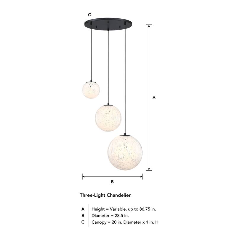 Circo 3-Light Matte Black Modern Globe Chandelier for Entryways with Mixed-Size White Art Glass Shades - 28.75