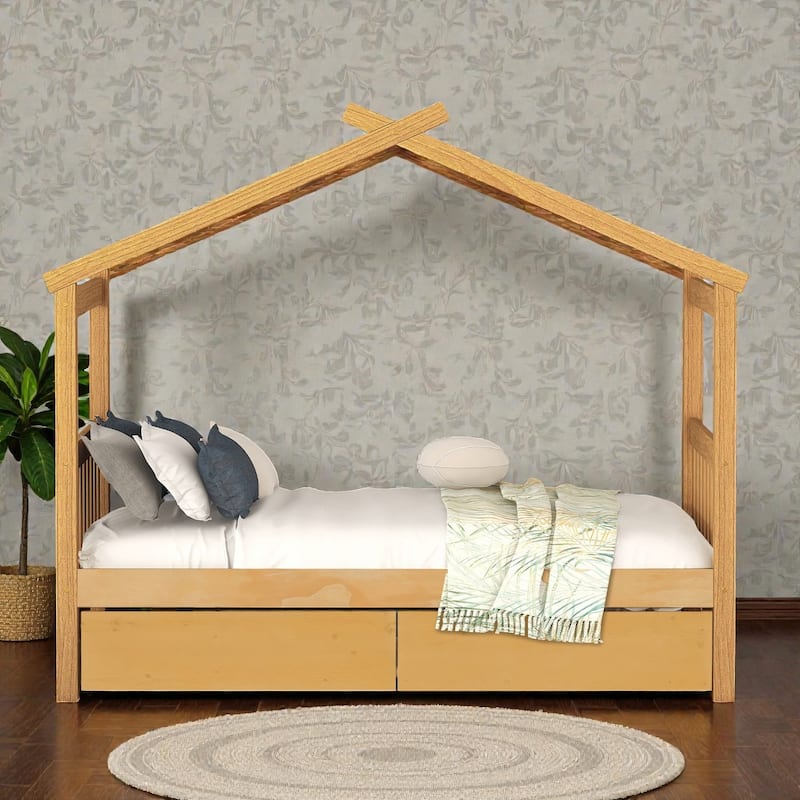 Twin/Full Size Wooden House Bed with Roof and 2 Drawers, Kids Platform Bed with Storage, Solid Pine Frame - Natural - Twin
