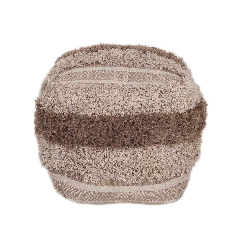 18 Inch Pouf Ottoman Beige Striped Cotton Blend Footrest or Seat Cube