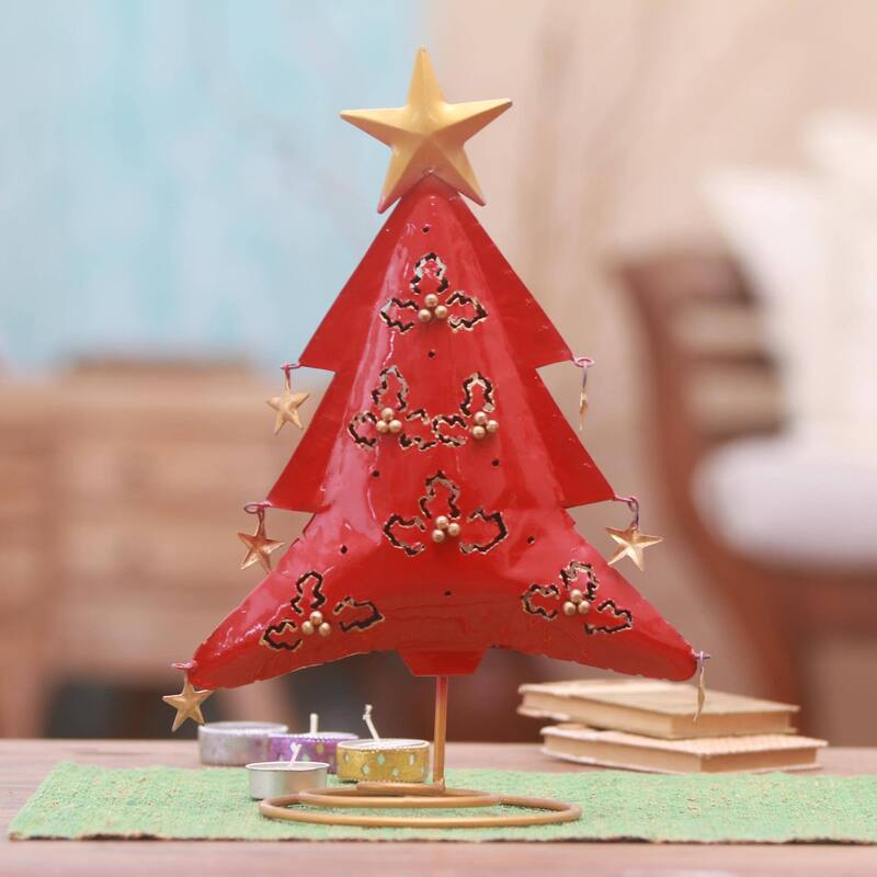 Handmade Red Christmas Tree Steel tealight holder (Indonesia)