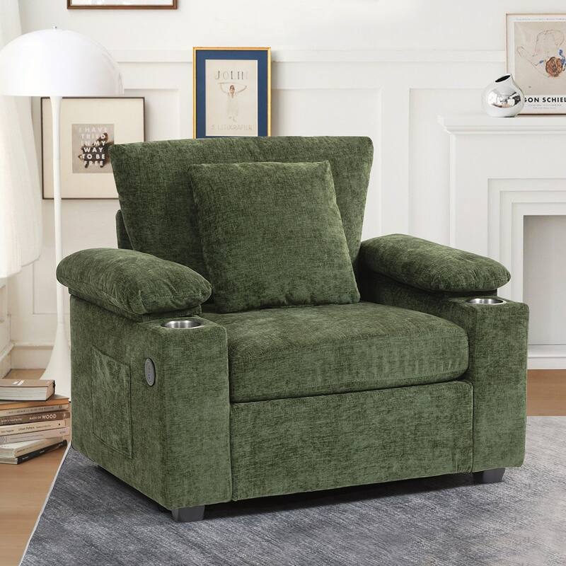 Chenille Oversized Chair with Ottoman and USB Charging Ports