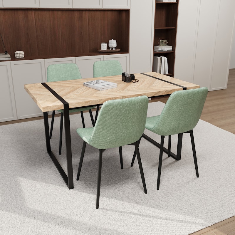 Modern 5-Piece Dining Set with Light Wood Rectangular Metal Base Table & 4 Square Corner Suede Chairs