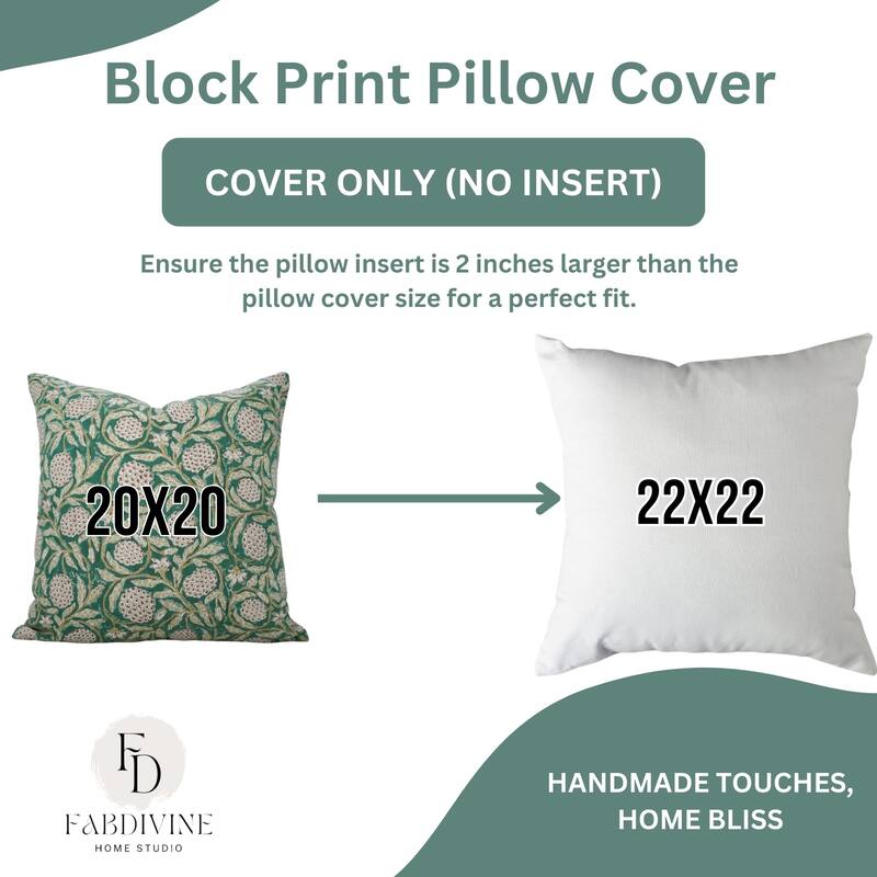 Fabdivine Hand Block Print Pillowcase in Cotton for Hotel Floral Cushion Cover Farmhouse Throw Décor, Coastal Tulip