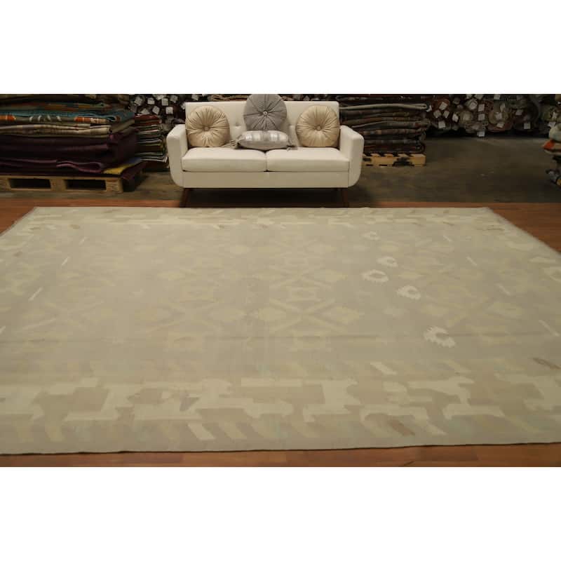 Hand Woven Oriental 100% Wool Carpet Southwestern Tribal Greys & Charcoal Kilim Area Rug - 12' 10'' X 9' 11''