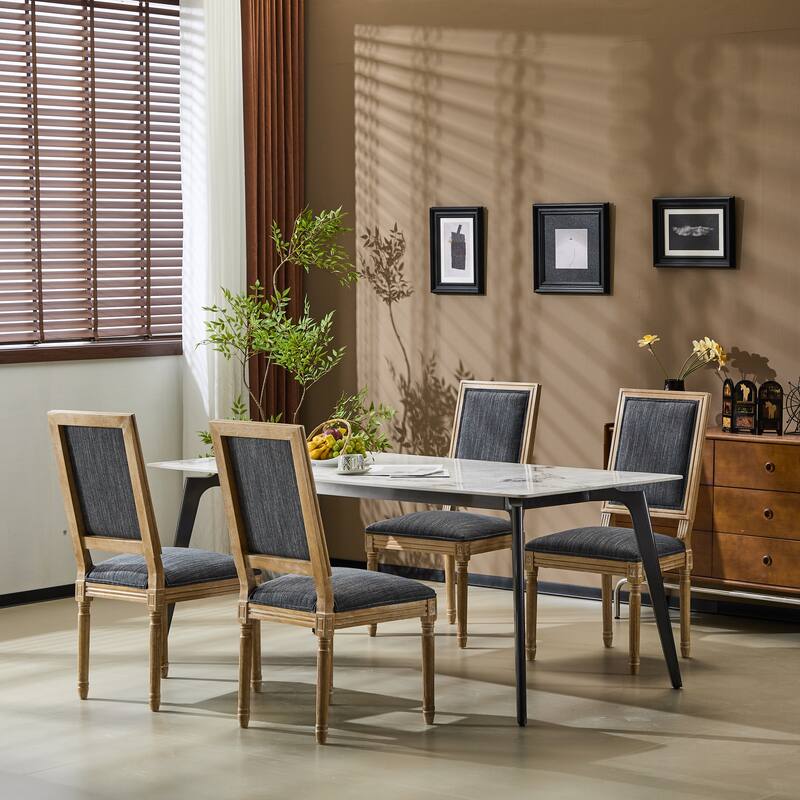 [Set of 4] French Country Dining Chairs - Elegant Cane Backrest & Upholstered Seats with Fluted Legs- Solid Rubberwood Frame - Blue Gray