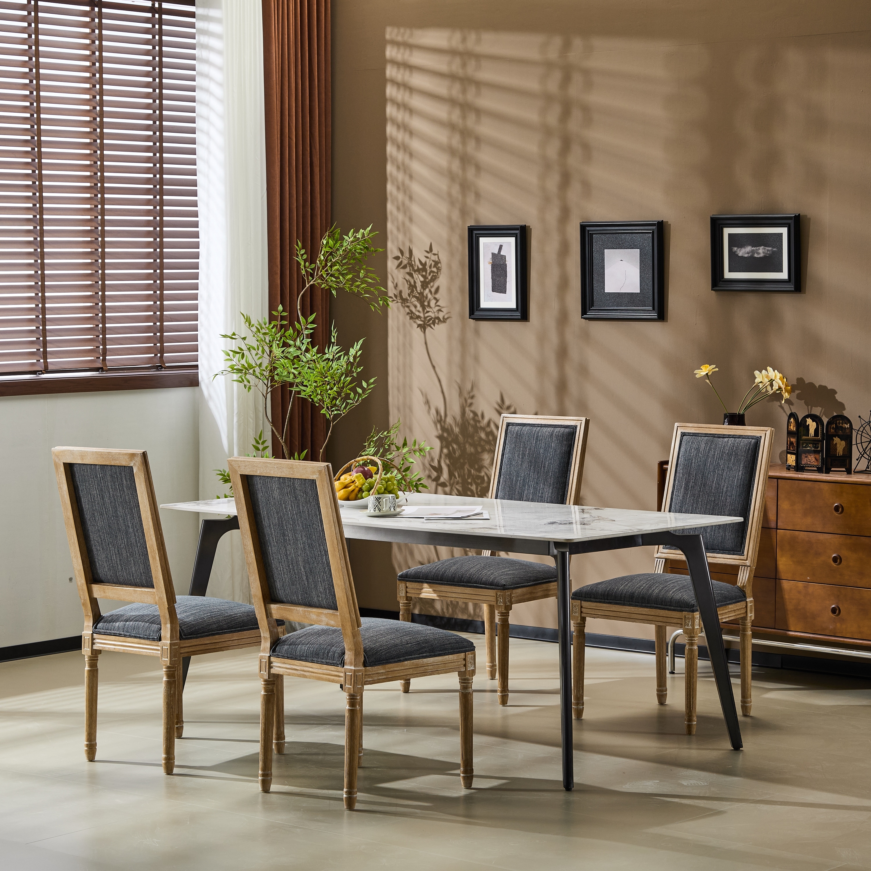 [Set of 4] French Country Dining Chairs Elegant Cane Backrest & Upholstered Seats with Fluted Legs Rustic Weathered Finish Solid