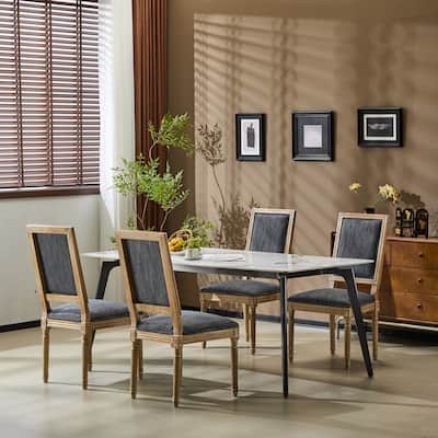 [Set of 4] French Country Dining Chairs Elegant Cane Backrest & Upholstered Seats with Fluted Legs Rustic Weathered Finish Solid