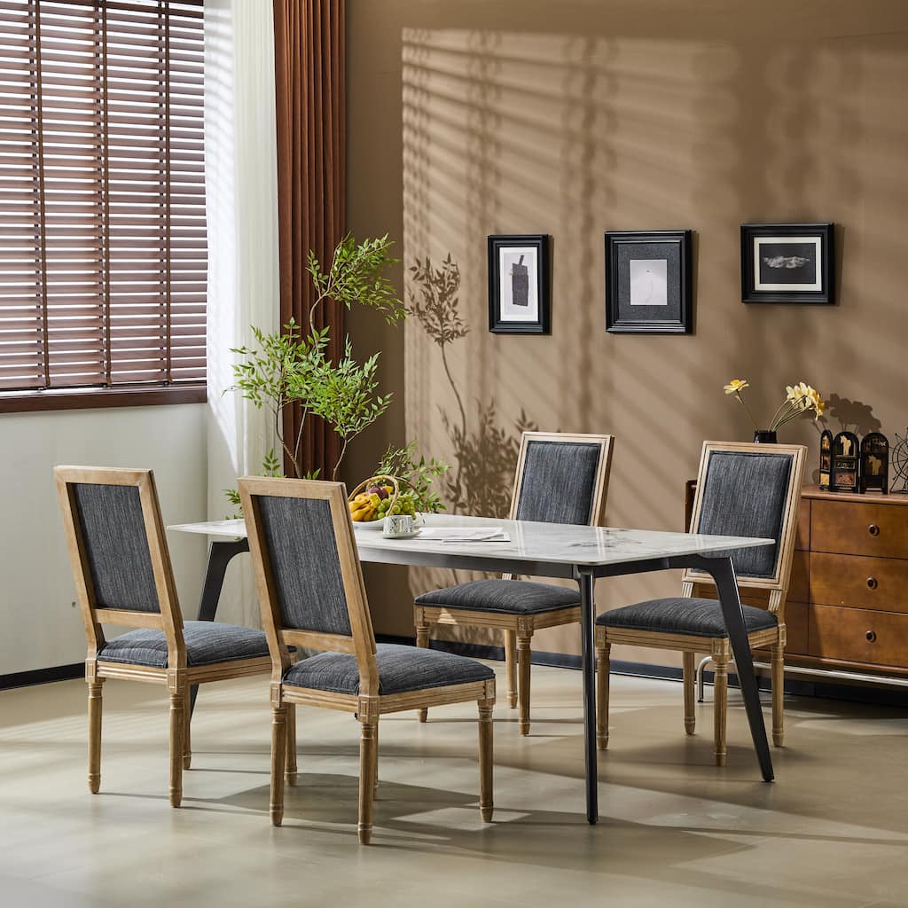 [Set of 4] French Country Dining Chairs Elegant Cane Backrest & Upholstered Seats with Fluted Legs Rustic Weathered Finish Solid