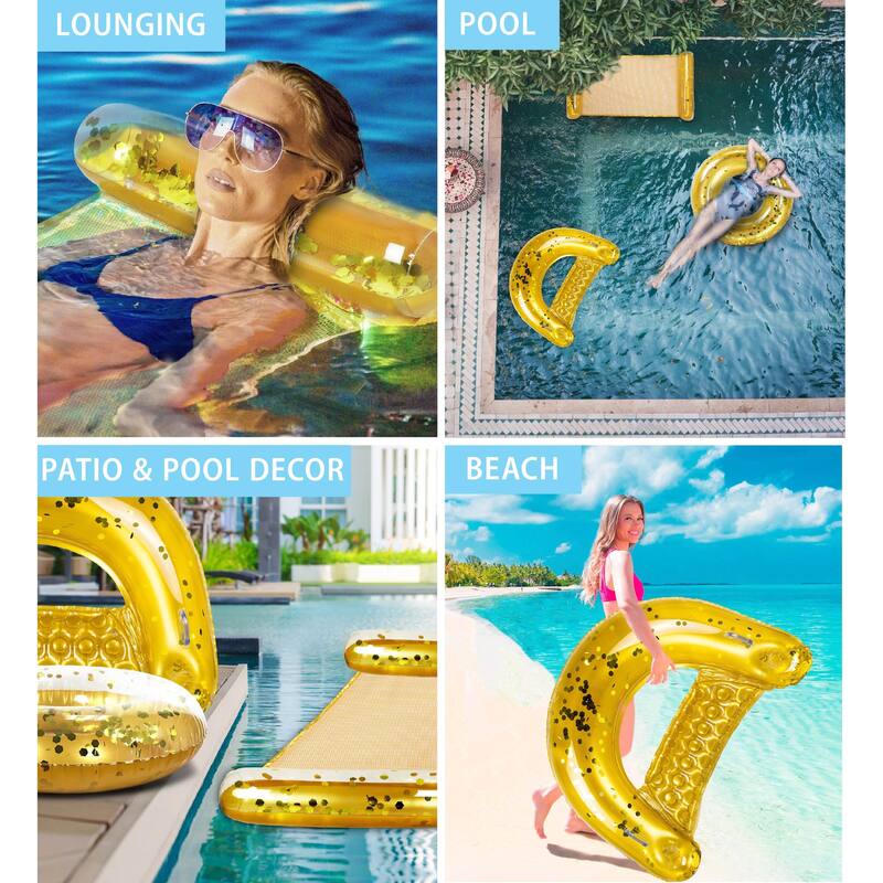 POZA Gold Inflatable Pool Floats Seating Bundle with Confetti - 3 Pack - ‎56 x 30 x 5 inches