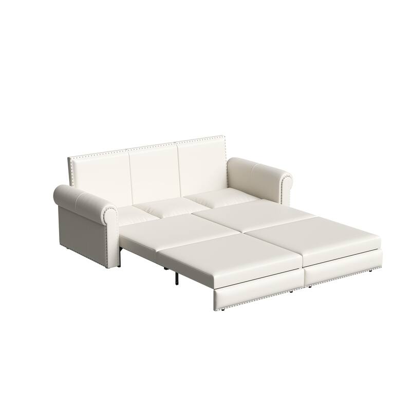 Chesterfield Sofa, 93.7" Faux Leather Convertible Sleeper Sofa Bed, Vintage 3-in-1 Pull Out Couch w/ Nailhead Trim & Rolled Arms