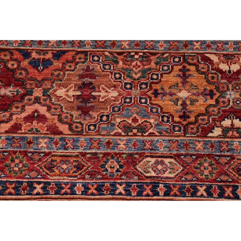 Tribal Khurgeen Helaine Red/Blue Hand-knotted Wool Rug - 5'6 x 7'10 - 5'6'' x 7'10''