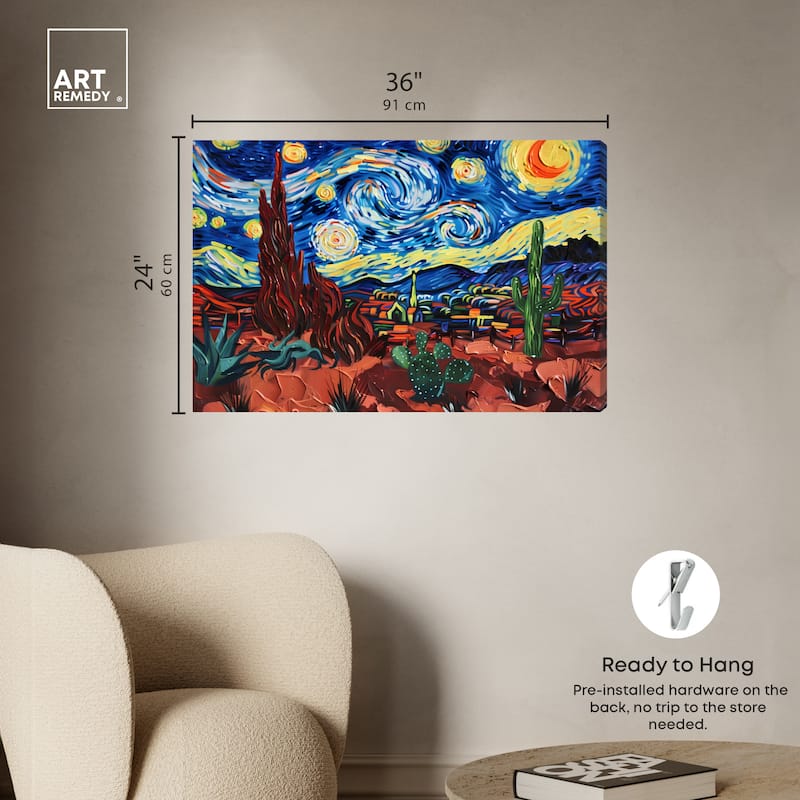Art Remedy Desert Night Stars Gallery Wrapped Impressionism 1 Piece Canvas Wall Art /Monet And Van Gogh Inspired Art
