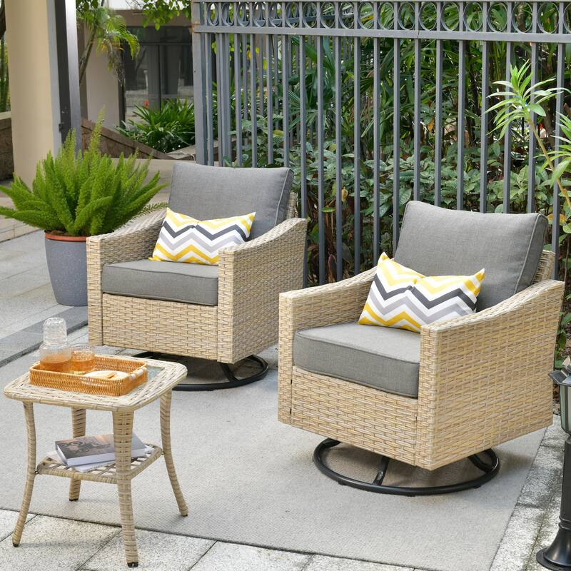 HOOOWOOO 3-piece Rattan Patio Swivel Rocking Chair Set with Side Table