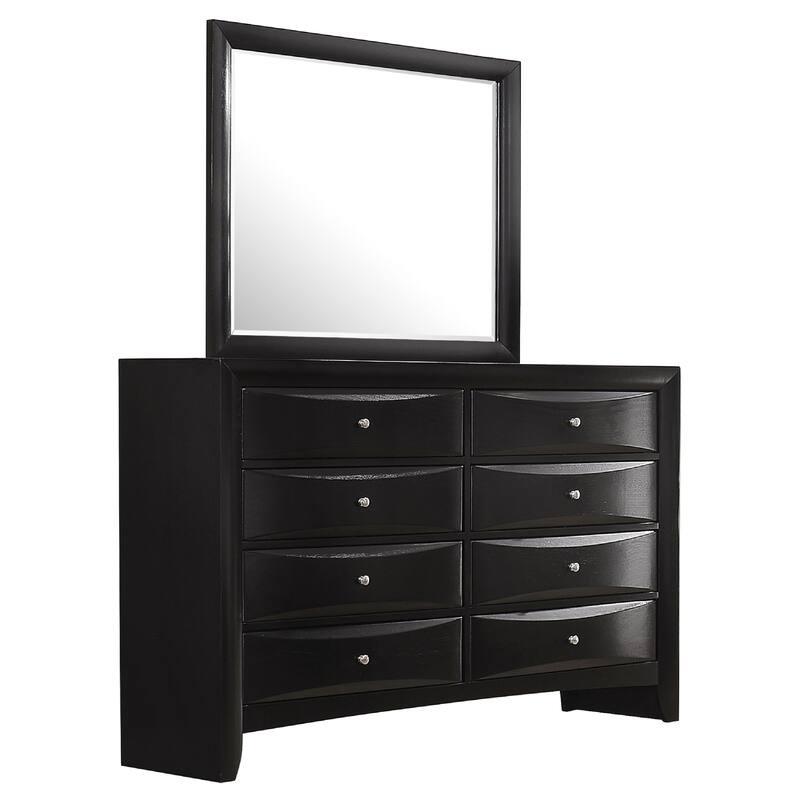 Ica 2pc Wide Dresser and Mirror Set, Chambered Fronts, Black Wood