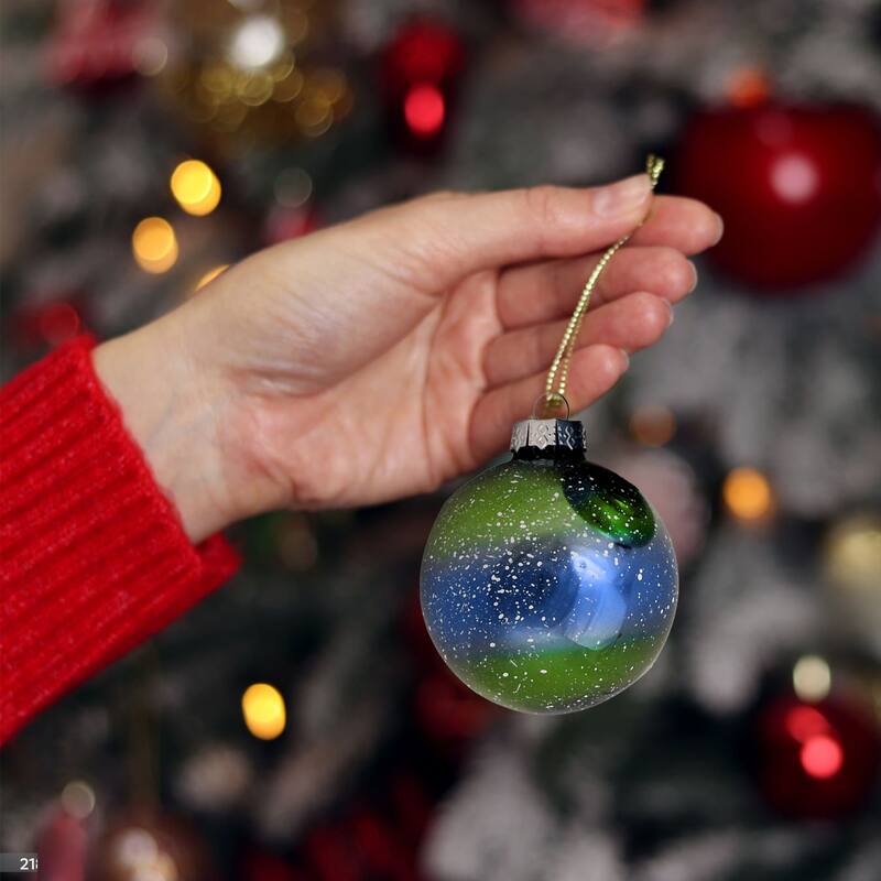 4ct Blue Green Striped Speckled Christmas Ball Ornaments 3.25"
