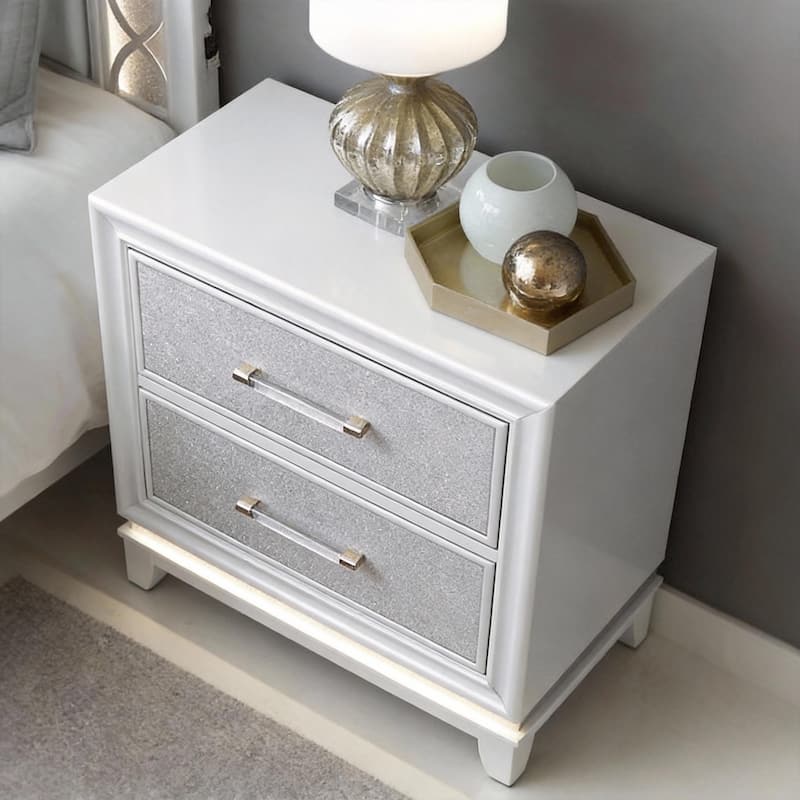 Roundhill Furniture Galaxy 2-Drawer Bedroom Nightstand with LED Lights in Pearlized White