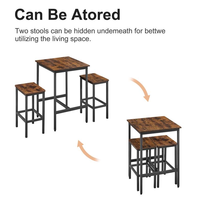 3-Piece Bar Table Set, Industrial Style Square Wood Bar Table with 2 Backless Bar Chairs - 23.6"Lx23.6"Wx35.4"H