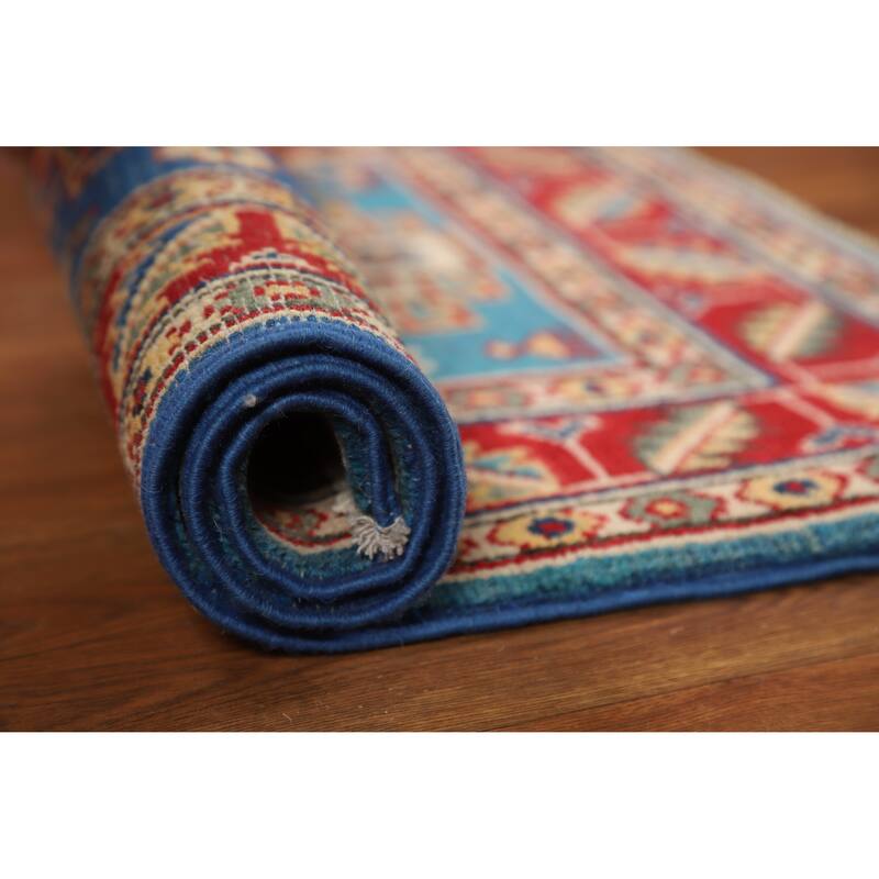 Geometric Kazak Oriental Foyer Rug Handmade Blue Wool Carpet - 2'0"x 3'0" - 2'0"x 3'0" - Blue