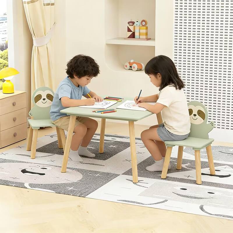 Kids Table and Chair Set with 2 Cute Sloth Chairs, Wooden Toddler Activity Table, Cute Animal Design Play & Study Set