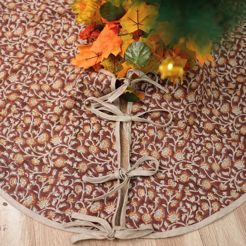 Fabdivine Hand Block Floral Soft Pure Linen Fabric Home Décor Christmas Tree Skrit - 48" - Himachal- Chocolate Brown, Orange - Rustic/Modern & Contemporary/Farmhouse