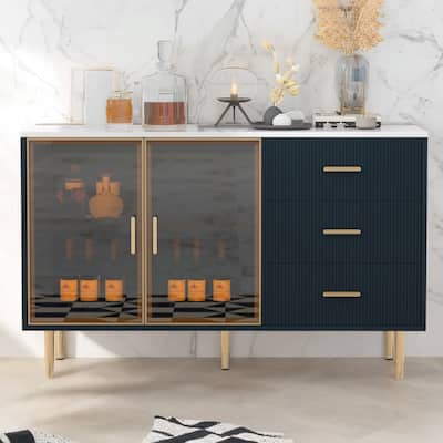 Modern Sideboard Buffet Cabinet, MDF with Marble Tabletop, Amber-Glass Doors, Gold Metal Legs, Adjustable Shelves, Navy Blue