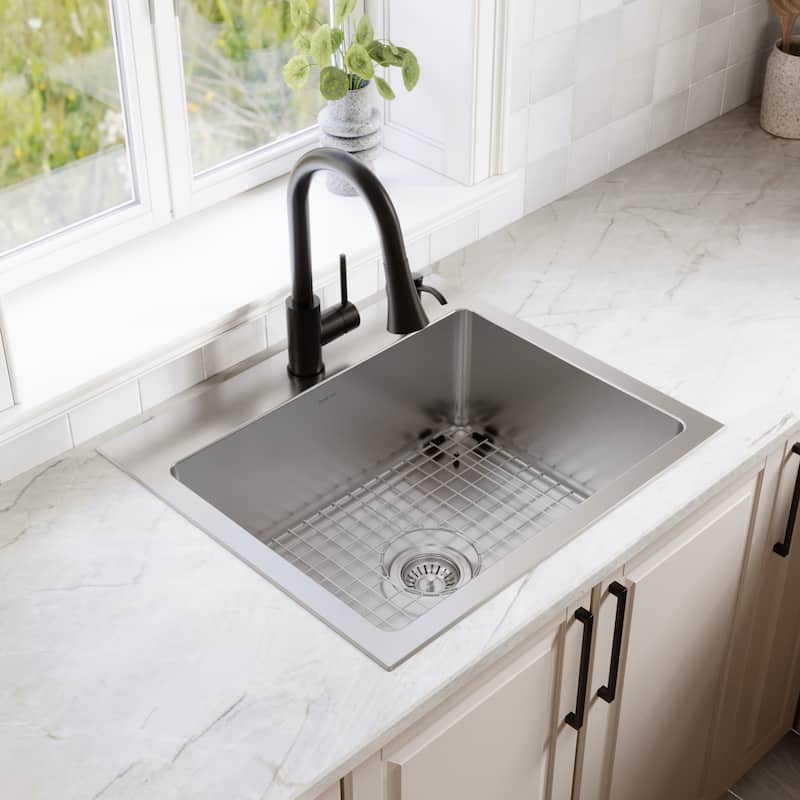 Karran Lansen 25" Top Mount 18 Gauge Single Bowl Stainless Steel Sink with Accessories - Stainless Steel