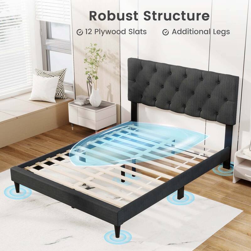 Costway Twin/Full/Queen Size Bed Frame with Button-Tufted Headboard &