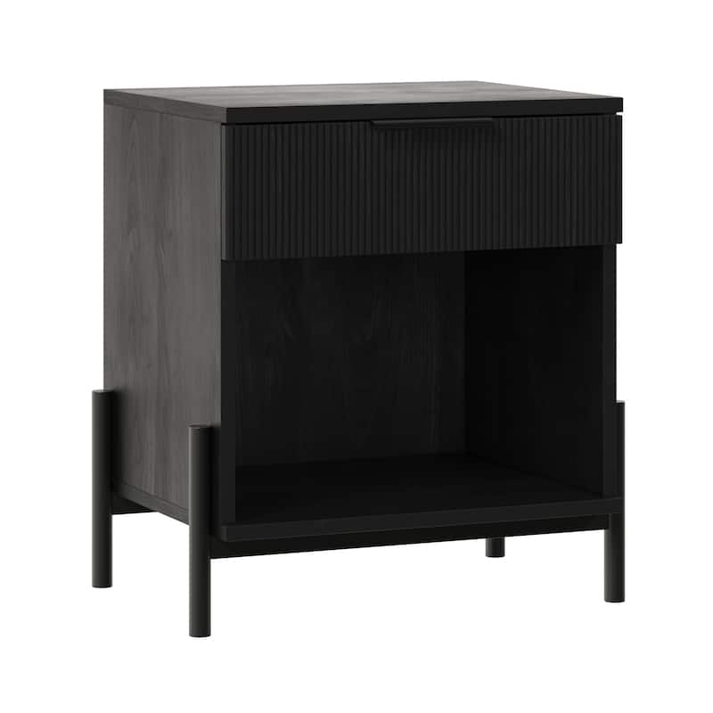 Fluted-Drawer Modern Nightstand with Open Cubby and Metal Legs - Black - Black