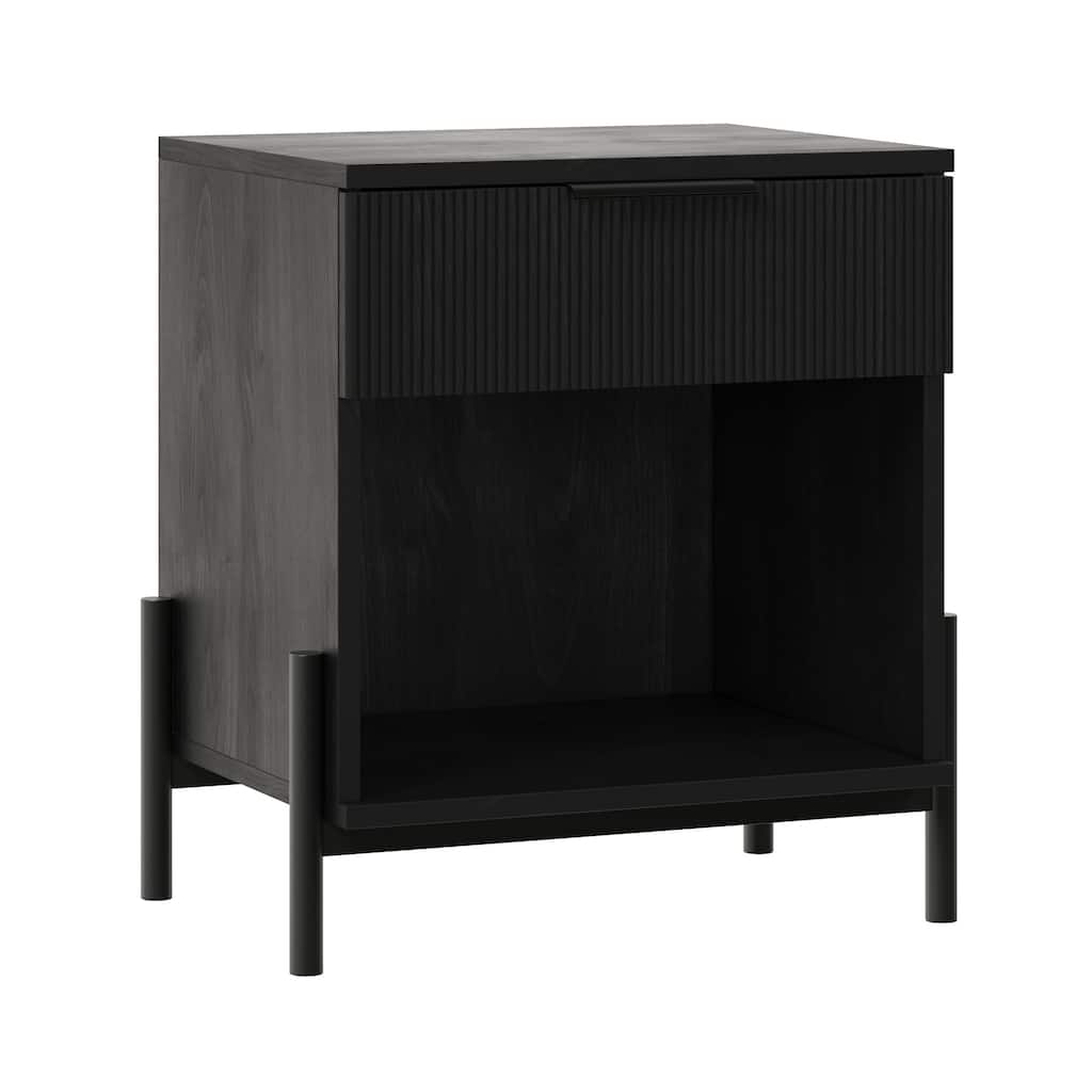 Fluted-Drawer Modern Nightstand with Open Cubby and Metal Legs - Black