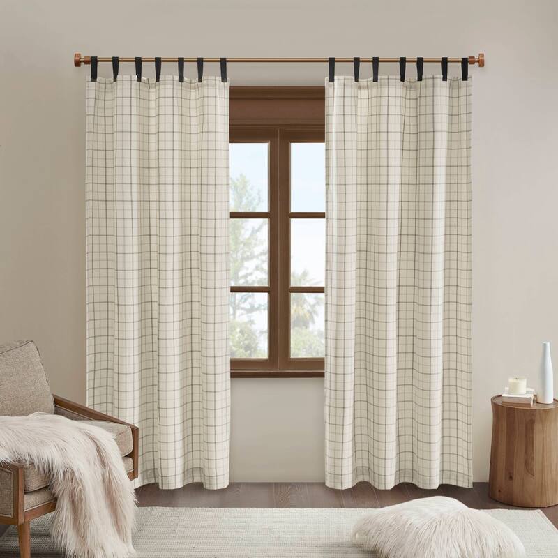 Madison Park Anaheim Plaid Faux Leather Tab Top Single Curtain Panel with Fleece Lining - 50x95" - Natural
