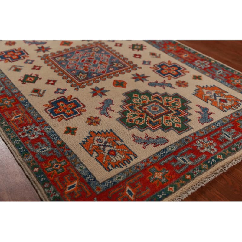 Geometric Kazak Foyer Rug Traditional Beige Handmade Wool Carpet - 2'8"x 4'1"