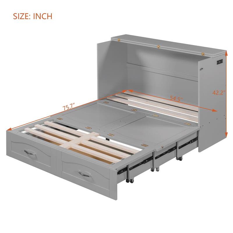 Space-Saving Full Size Murphy Bed with Drawers, USB Ports, and Pulley Design in Gray