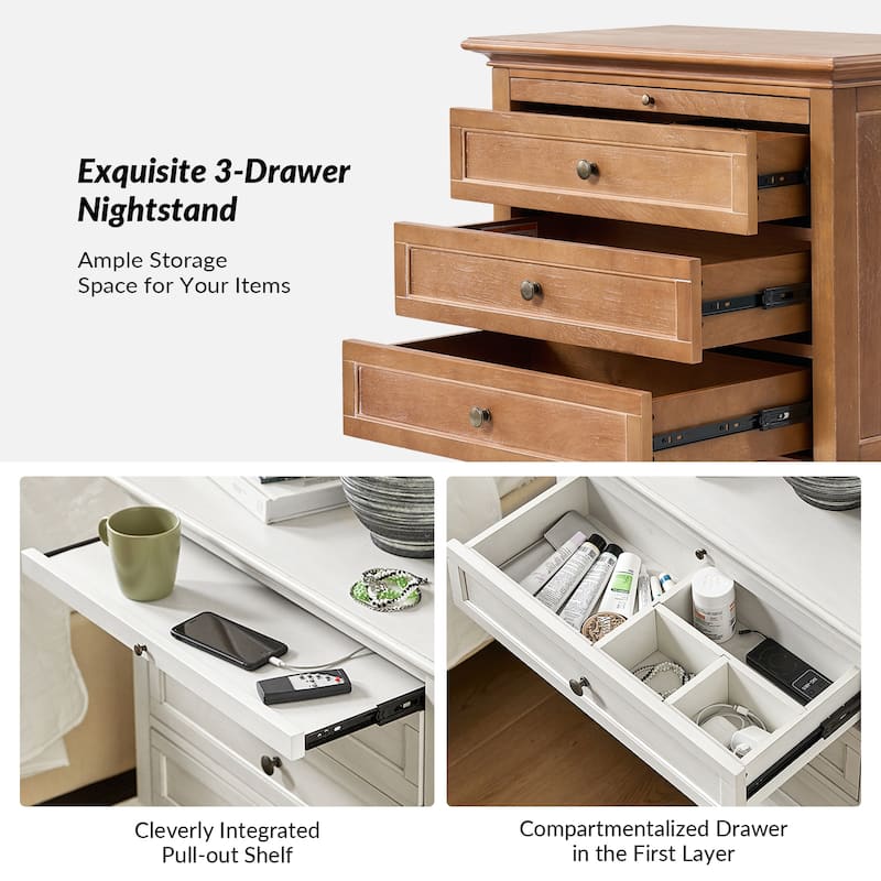 Muriel Farmhouse 3 Drawers Nightstand with Built-In Outlets by HULALA HOME