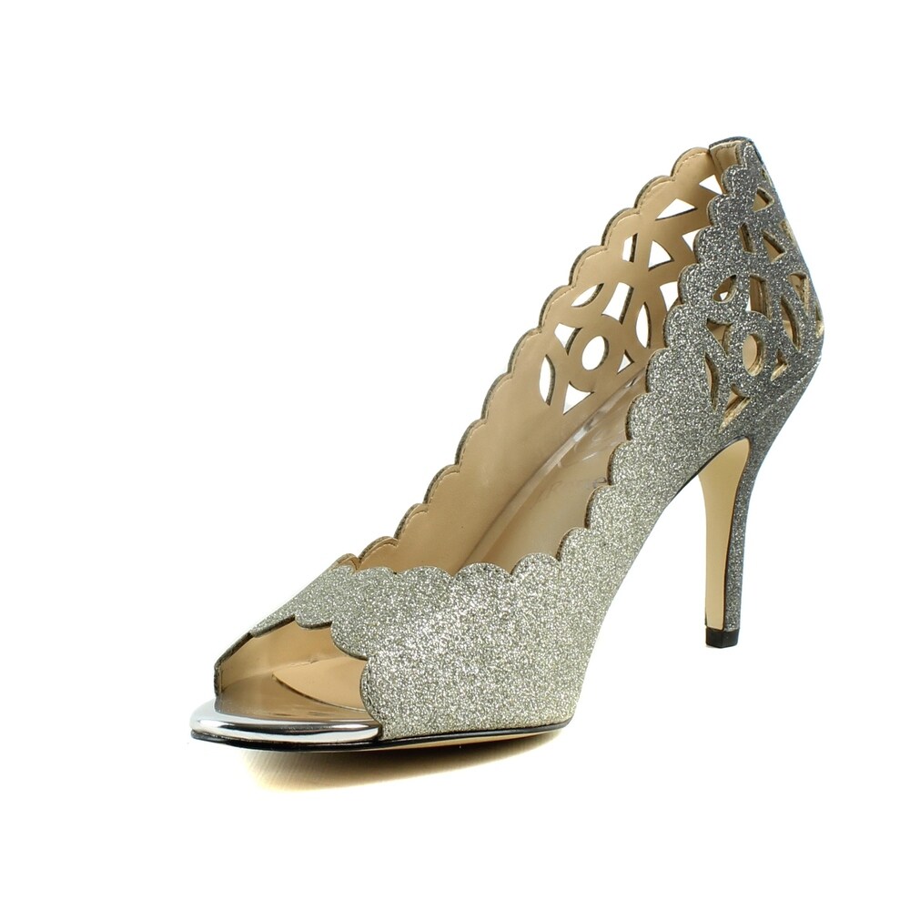pewter open toe heels