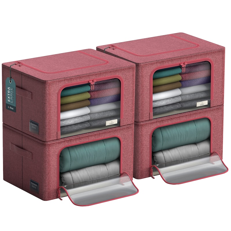 Sorbus Jumbo Storage Bins with Metal Frame Stackable Foldable Clothes Organizer Bags Oxford Fabric & Clear Window & Handles- 4Pk - Pink
