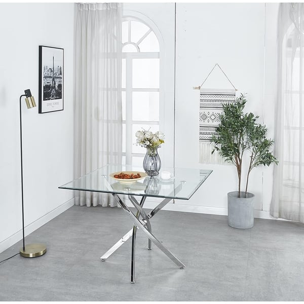 Modern Square Glass Dining Table with Chrome Legs for Kitchen and ...