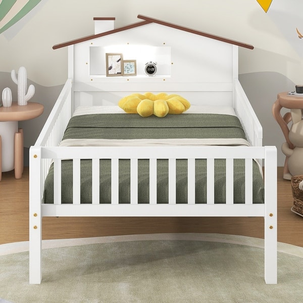 slide 2 of 30, Wood House-shaped Twin Size Platform Bed with LED and Built-in Storage,Kids Bed Design White