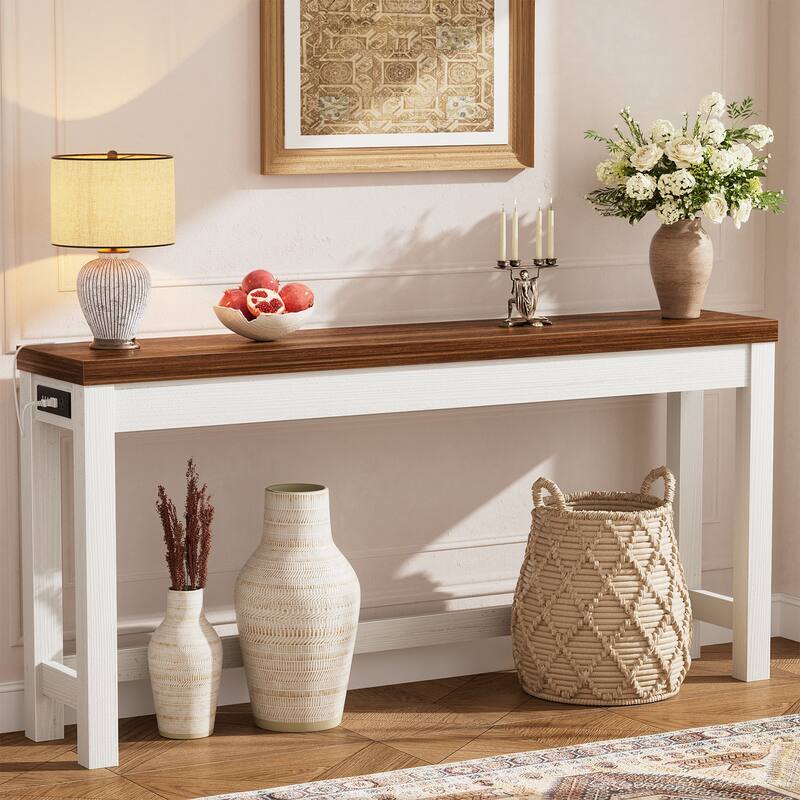 63-In Console Table with Charging Station, Farmhouse Entryway Table/ Behind Couch Table