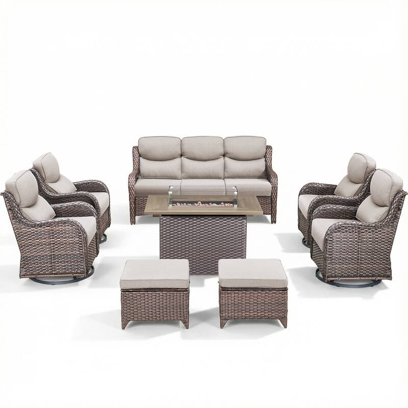 Pocassy Outdoor Fire Pit Sofa Swivel Chairs Ottoman Furniture Set