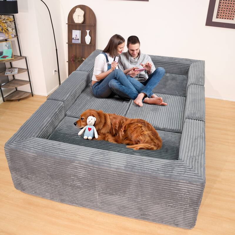 Pet Friendly Corduroy Sleeper Sofa Bed Modular U-Shaped Sectional Sofa with Chaise Lounge, Floor Standing Couch with Pillows
