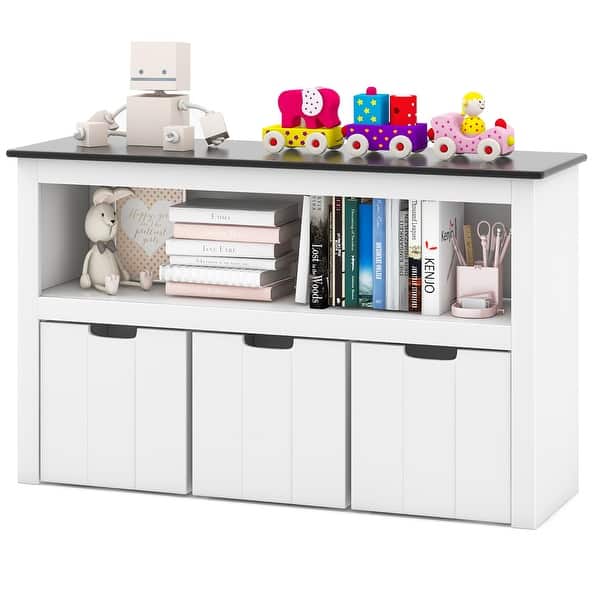 slide 2 of 10, Costway Kids Toy Storage Organizer Wooden Bookshelf with 3 Drawers - See Details White + Black - See Details
